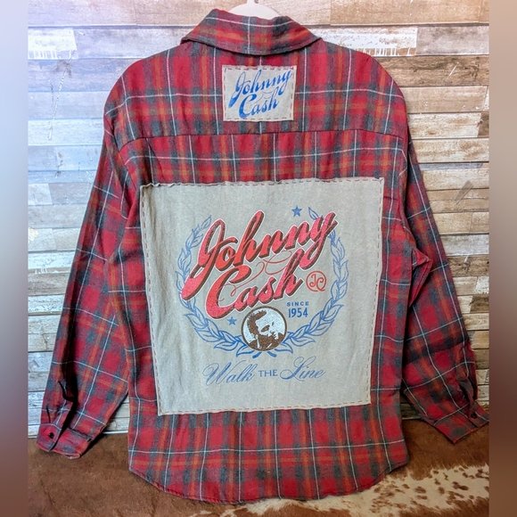 Hand Crafted Tops - Johnny Cash I Walk The Line Upcycled Handcrafted Flannel Shirt